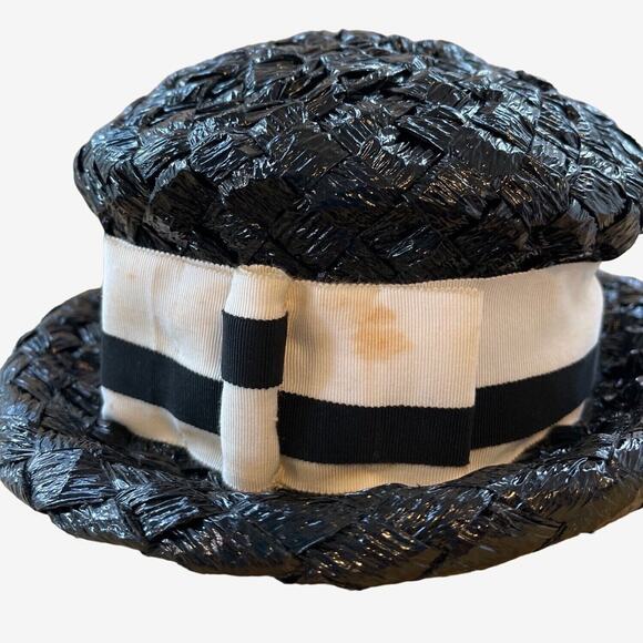 Roller Raffia Hat Black With White Stripe Ribbon Band 1960s MidMod - Picture 3 of 9